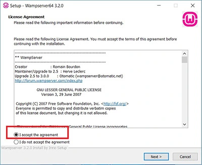 WampServer installation Licence agreement Screenshot
